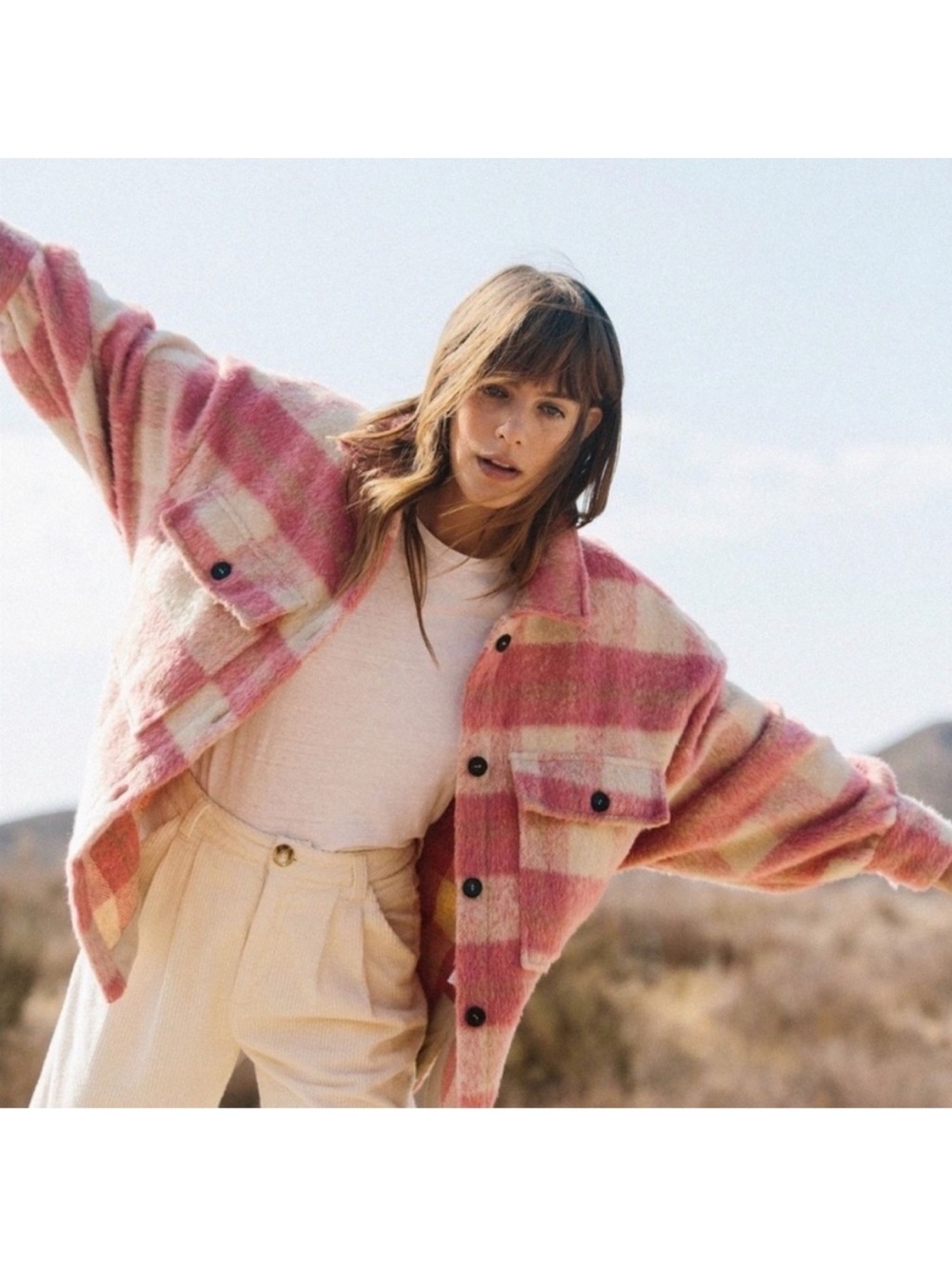 By Together Oversized Pink & Cream Plaid cozy Shacket NWOT